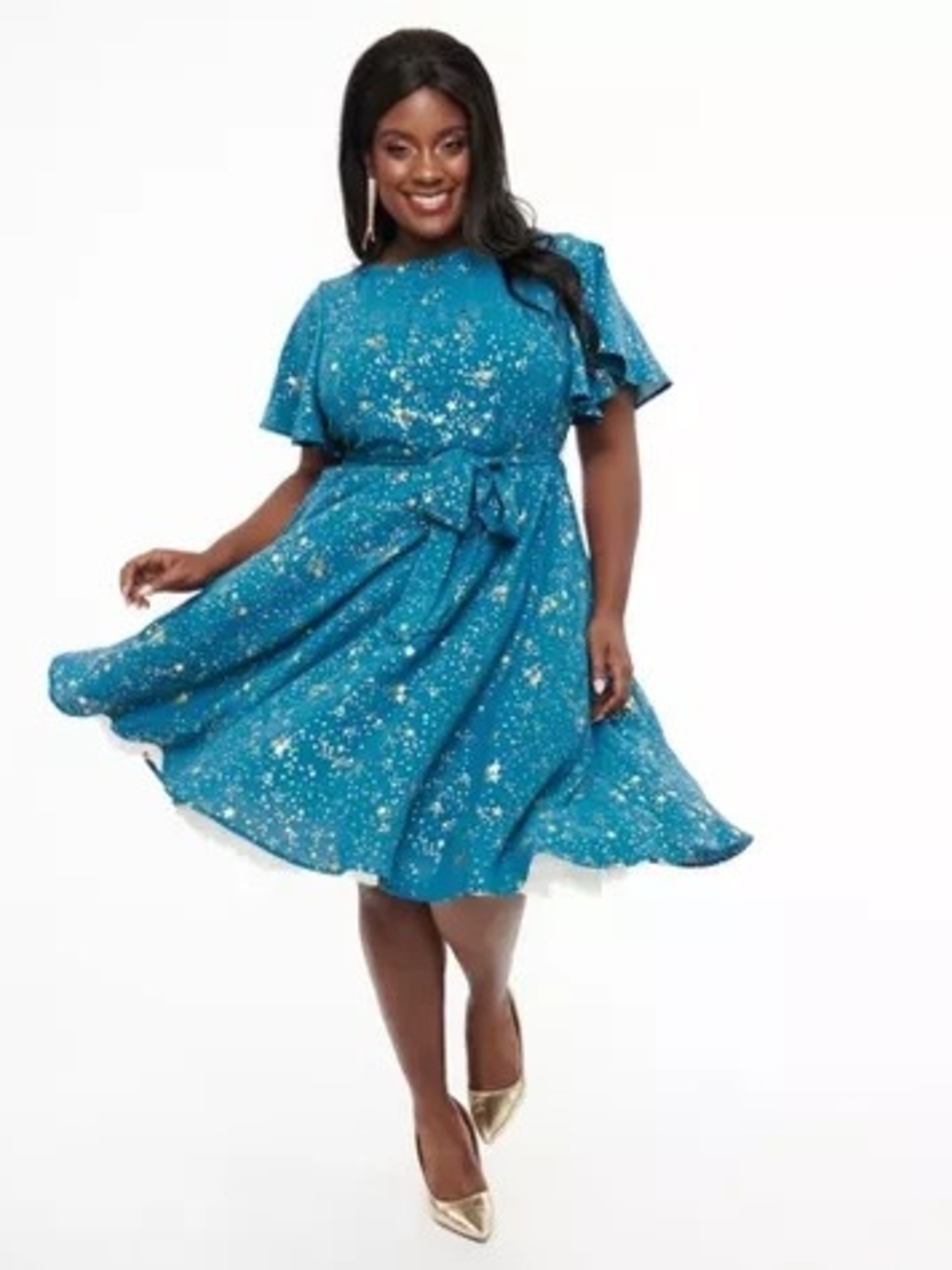 Unique Vintage 1930s Swing Teal Sparkle Fit-and-Flare Dress - Picture 2 of 5